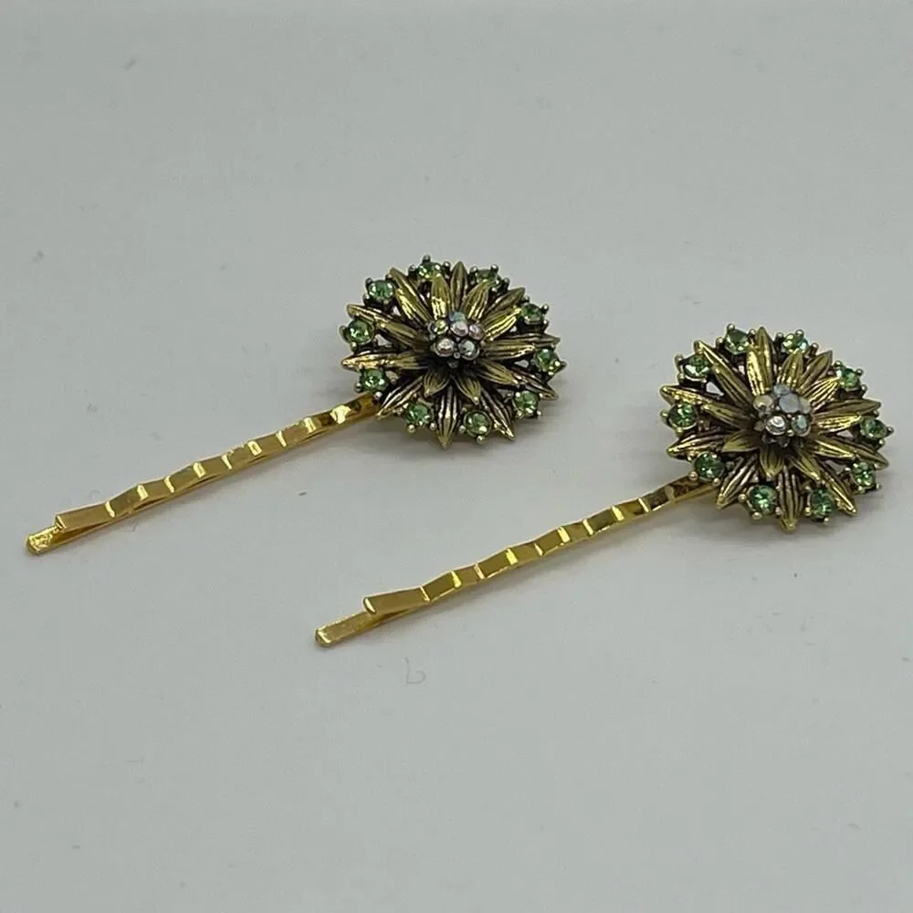 Handmade Green Rhinestone Gold Whimsical Set Hair Clips HoCo Fairy Jewelry NWT